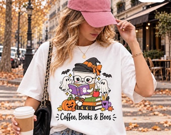 Coffee, Books & Boos Shirt, Halloween Teacher T-Shirt with Cute Ghosts and Reading Coffee Cup Graphic