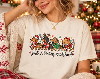 Just A Merry Dachshund Shirt, Funny Christmas Doxie Tee, Holiday Santa Lights T-Shirt, Festive Wiener Dog Christmas Gift