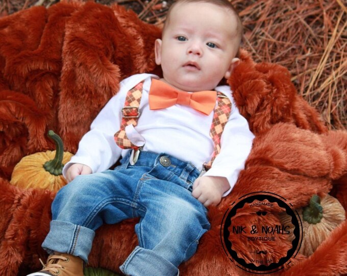 Fall Baby Boy Outfits Orange Bow Tie Argyle Suspenders Autumn Etsy