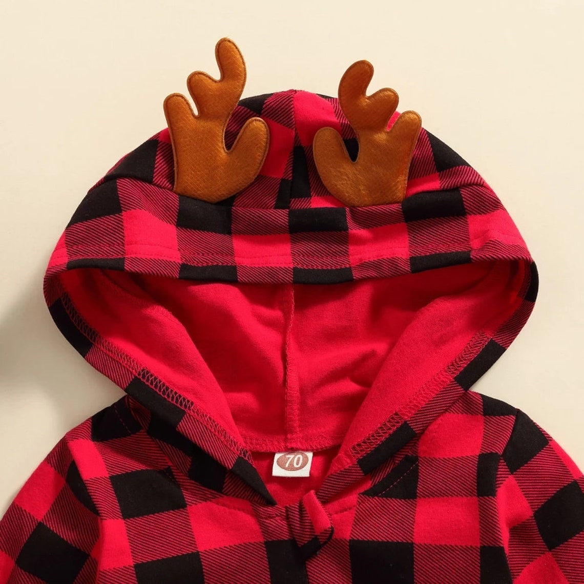 Baby Boy Reindeer Buffalo Plaid Hoodie Romper Antlers on Etsy