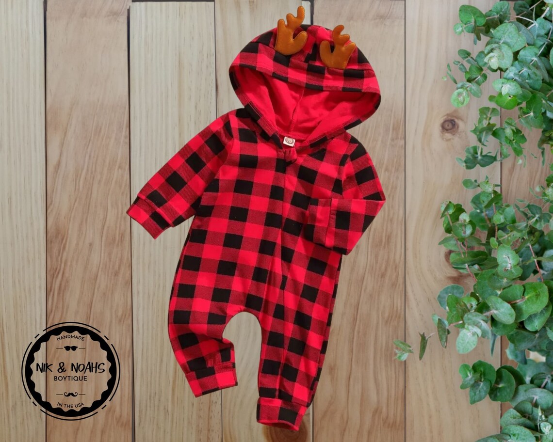 Baby Boy Reindeer Buffalo Plaid Hoodie Romper Antlers on Etsy