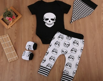 Baby Boy Skeleton Skull Romper Pants Hat Mittens Set Baby Shower Gift Punk Rock Stripes Newborn Gift