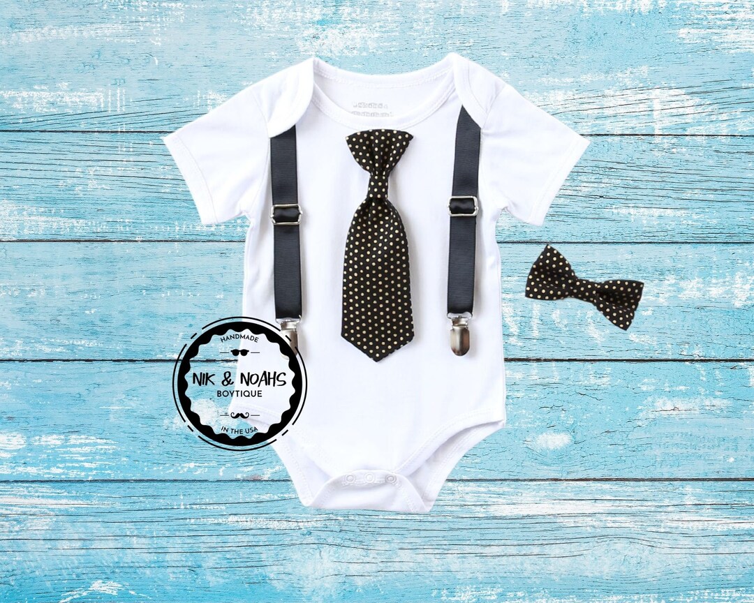 Baby Boy New Years Eve Outfit With Tie or Bow Tie and Suspenders Black