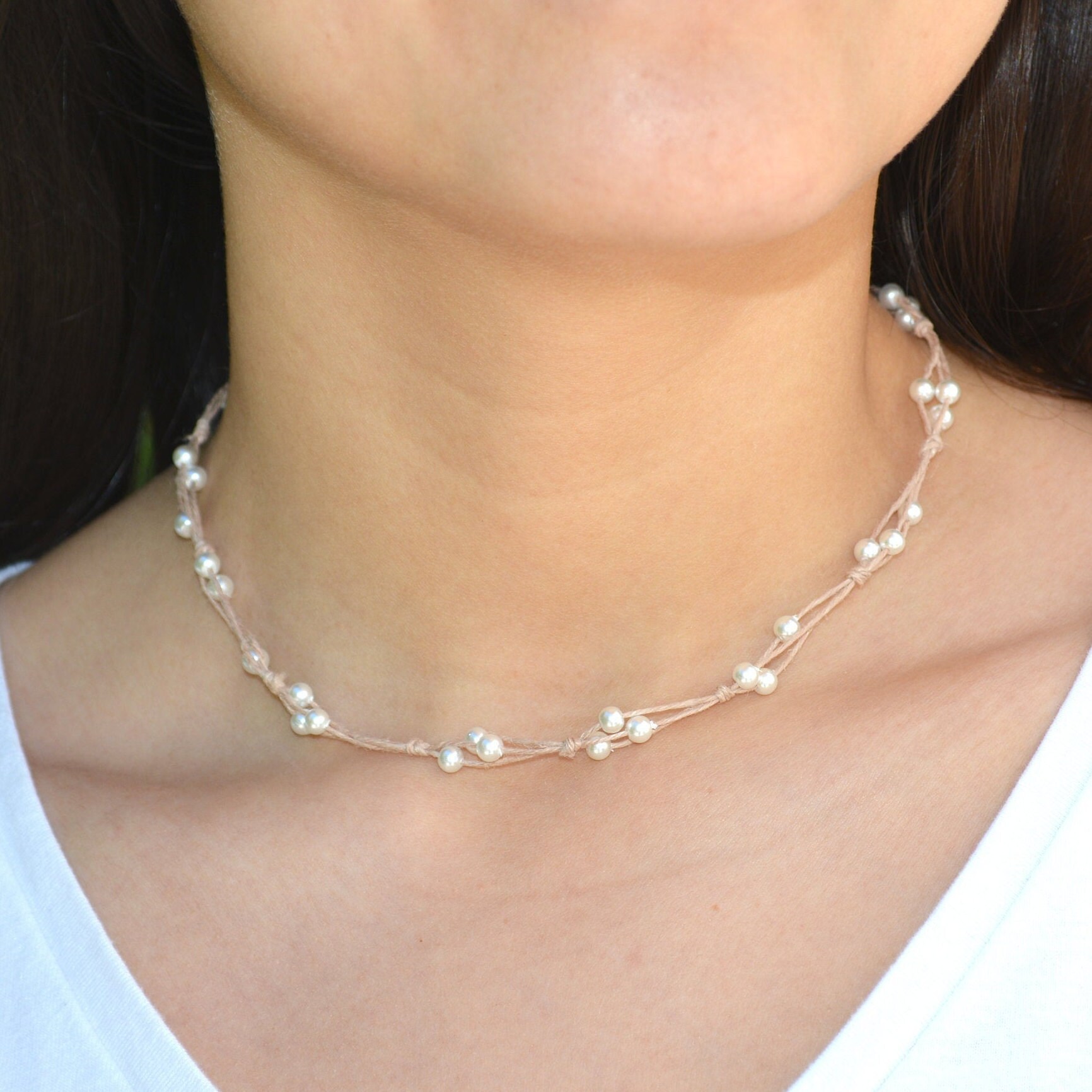 Dainty Hemp Pearl Necklace Rustic Twine Necklace Etsy