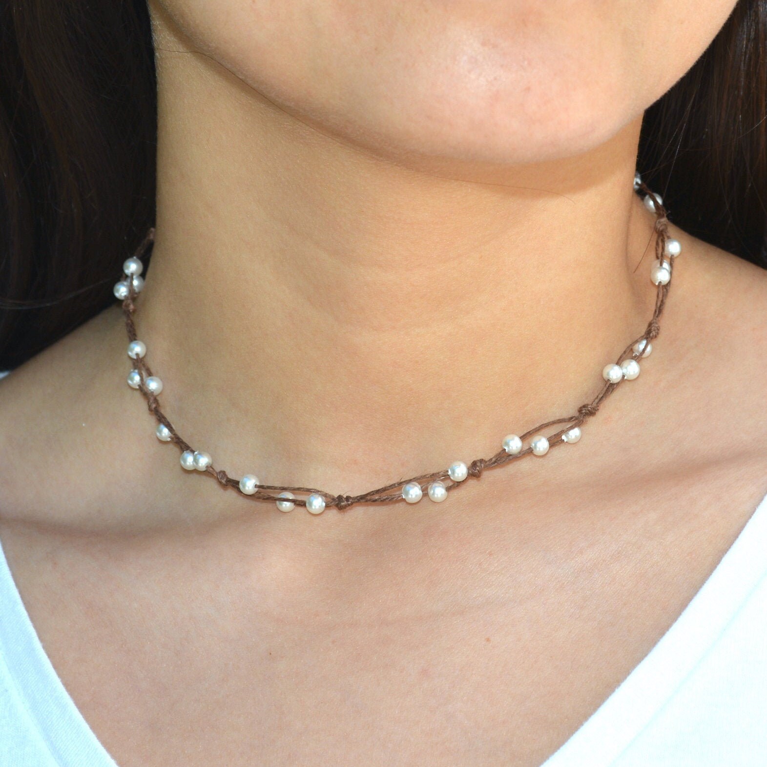 Dainty Hemp Pearl Necklace Rustic Twine Necklace Etsy