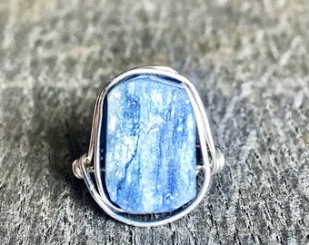 Blue Kyanite Round 925 Silver Handmade Ring Size 6 Crystal Healing Meditation