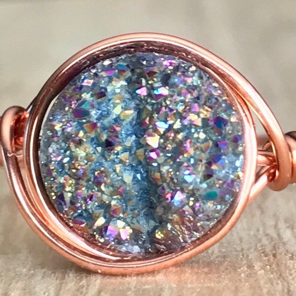 Druzy Ring, Rainbow Druzy, Wire Wrapped Gemstone Ring, Crystal Ring, Gifts - Size 4 5 6 7 8 9 10 11 12