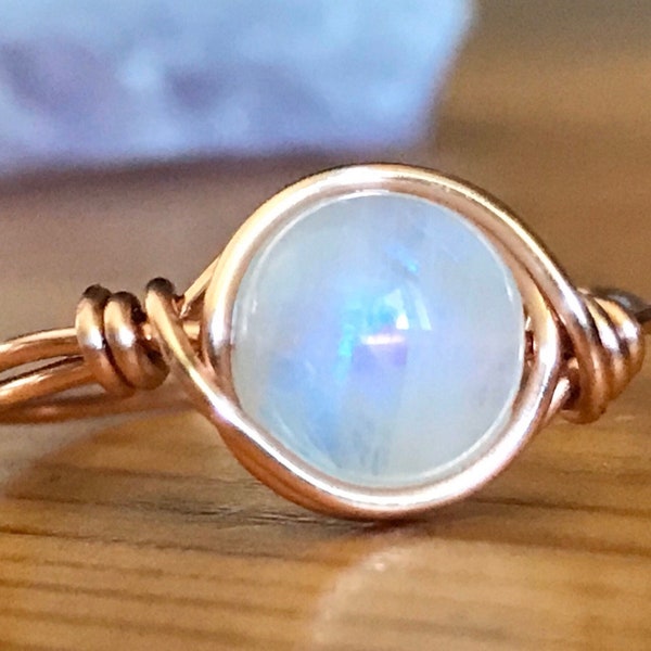 Wire Wrapped Moonstone Ring, Copper & Sterling Silver, Moonstone Ring, Healing Crystals, Christmas gifts for her- Size 4 5 6 7 8 9 10 11 12