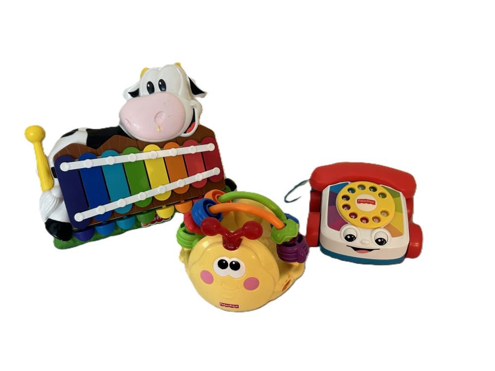 Fisher price Vintage Toddler Toys Lot COW Xylophone pull Along Chatter Telephone go Baby Go Gigglin Bee Ball Etsy
