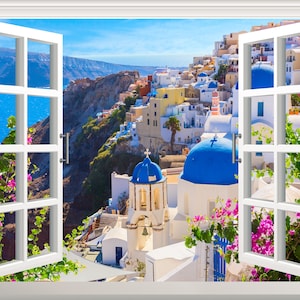 Adesivo da parete Santorini Grecia, adesivo da parete con effetto finestra 3D, adesivo da parete con vista, cornice per finestra, adesivo da parete in vinile rimovibile, decorazione murale da parete, poster