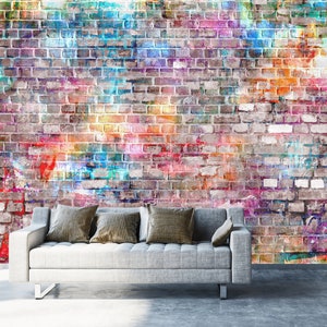 Colorful Grunge Brick Wall Mural: Peel and Stick Wallpaper