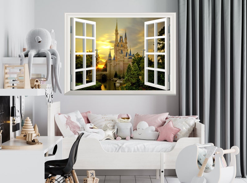 Castle Wall Sticker 3D Window Effect View Cinderella Wall Decal Removable Vinyl Art Poster Mural Self Adhesive Decor Kids Room image 5