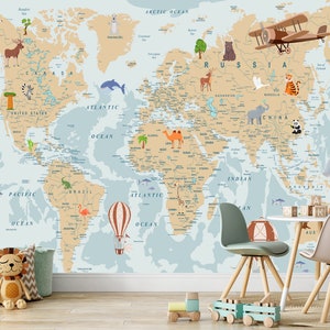 Kids World Map Wallpaper, Peel and Stick Wallpaper, Animals Wall Mural, Airplane, Balloons, Children Bedroom, Nursery, Retro Wall Decor