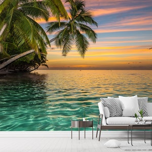 Tropical Beach Wallpaper Peel & Stick Self Adhesive Vinyl Removable Photo Wallpaper Mural Ocean Beach Landscape Wall Mural Palm Tree Island image 4