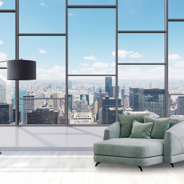 City View Wallpaper Mural, 3D Window View Wall Mural  Skyline Removable Self Adhesive Vinyl Peel and Stick Wallpaper Office Loft Modern Art