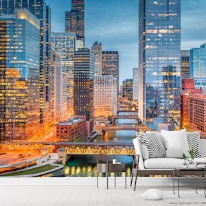 Carta da parati con la città di Chicago, carta da parati staccabile e adesiva, skyline di Chicago rimovibile, grattacieli, murale della città, paesaggio urbano dell'ingresso dell'ufficio