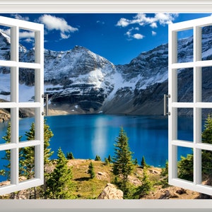 Lake Mountains Wall Decal Wall Sticker 3D Window Effect View Wall Window Frame Removable Vinyl Art Wallpaper Mural Wall Decor Window Poster