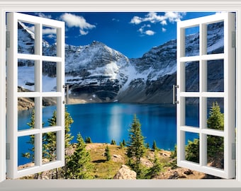 Lake Mountains Wall Decal Wall Sticker Wall Sticker 3D Window Effect View Wall Window Frame Amovible Vinyl Art Wallpaper Mural Wall Decor Window Poster