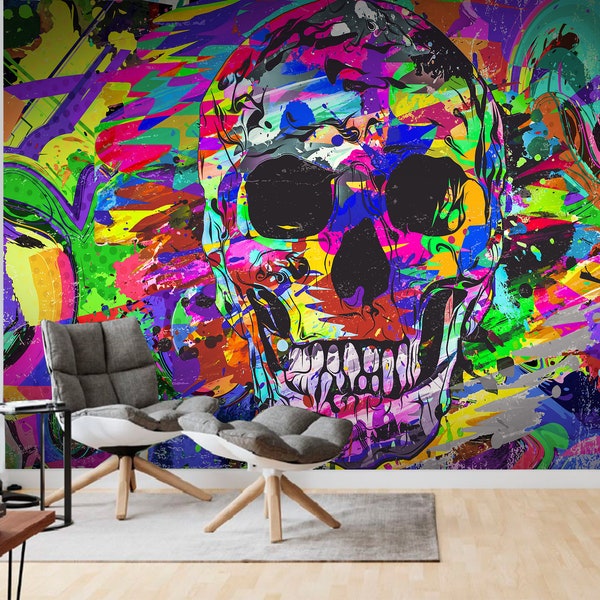 Colorful Skull Graffiti Art Photo Wallpaper Mural Wall Mural for Teenagers, Removable, Self Adhesive Vinyl, Peel and Stick, Urban Wall Decor