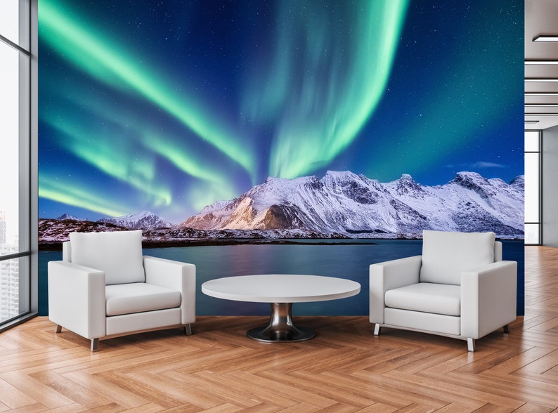 Mountains Wallpaper Northern light Wall Mural Removable Aurora Borealis Photo Wallpaper Removable Self Adhesive Peel and Stick Wall Decal