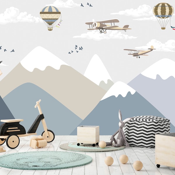 Mountains & Planes Wallpaper Self Adhesive Peel and Stick Kids Wall Mural Removable Airplane Balloon Photo Children Nursery Boy's Room Art