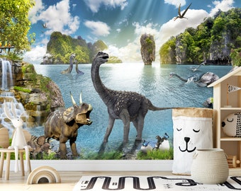 DINO PARK Fondo de pantalla para niños / Decoración de pared para niños / Fondo de pantalla de dinosaurios / Prehistoria / Fondo de pantalla para niños Dibujos animados Peel and Stick Extraíble