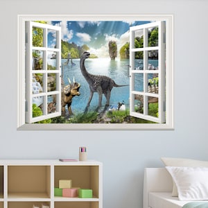 Dinosaurier Wandaufkleber 3D Fenster Effekt Wandaufkleber Dino Cartoon Entfernbare Vinyl Kunst Poster Wandbild Kinderzimmer Wanddekoration Jungen Schlafzimmer Kinder Abziehbilder