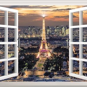 Paris Decor, Paris Wall Sticker, 3D Window Effect View, Wall Decal, Removable, Vinyl, Art, Poster, Eiffel Tower Wall Mural, Paris Wallpaper