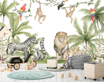 Dschungel-Thema Tapete Tiere Schälen und Aufkleben Tapete Abnehmbare Safari Tapete Zebra Aquarell Kinder Wandbild Kinderzimmer Kinder Baby