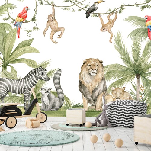 Jungle Theme Wallpaper Animals Peel and Stick Wallpaper Removable Safari Wallpaper Zebra Watercolor Kids Wall Mural Nursery shops Children Baby