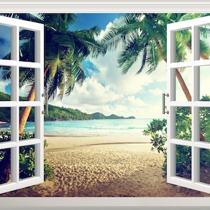 Seychelles Beach Wall Sticker 3D Window Effect View Wall Decal Removable Vinyl Art Poster Mural Self Adhesive Wall Decor Windrow Frame Ocean