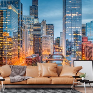 Carta da parati Chicago, carta da parati con skyline di Chicago, carta da parati staccabile e adesiva, rimovibile, grattacieli, murale della città, paesaggio urbano dell'ingresso dell'ufficio