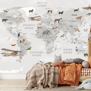 Kids World Map Wallpaper, Peel and Stick Wallpaper, Animals Wall Mural, Airplane, Balloons, Children Bedroom, Nursery, Retro Wall Decor Art
