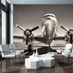 Airplane wallpaper, Self Adhesive Peel and Stick Airplane on a Runway Wallpaper Removable Vinyl Wall Mural Entryway Office Giant Wall Decor image 5