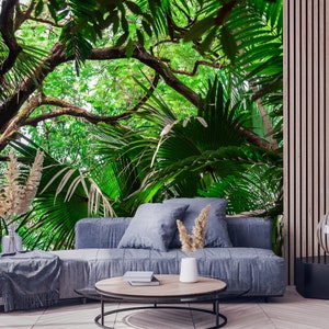Papier peint forêt jungle : feuilles de palmier de forêt tropicale avec pellicule de protection