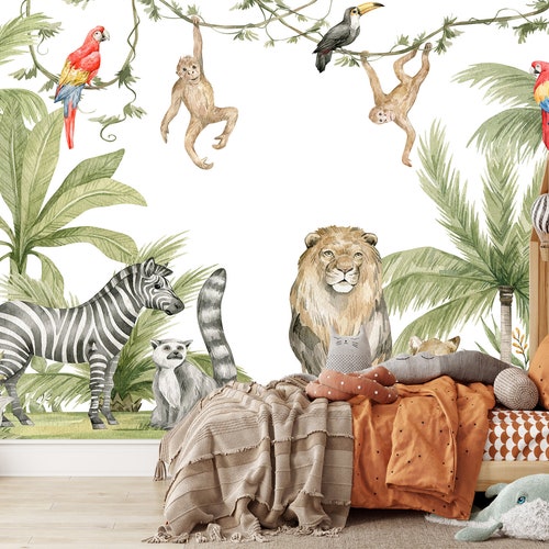 Jungle Theme Wallpaper Animals Peel and Stick Wallpaper Removable Safari Wallpaper Zebra Watercolor Kids Wall Mural Nursery shops Children Baby