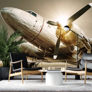 Airplane Wallpaper, Self Adhesive Peel and Stick Airplane on a Runway Wallpaper Removable Vinyl Wall Mural Entryway Office Historical Decor