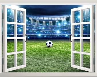 Fußball Stadion Wandtattoo 3D Fenstereffekt Wandtattoo Fußball Sport abnehmbar Vinyl Kunst Poster Wanddeko Jungen Schlafzimmer Kinder Teenager