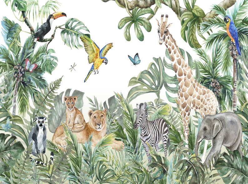 Jungle Theme Wallpaper Exotic Animals Peel and Stick Wallpaper Etsy