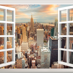 colorful NYC city skyline buildings wall art home decoration New york wall sticker 3D window 058 New york wall decal NY for home decor