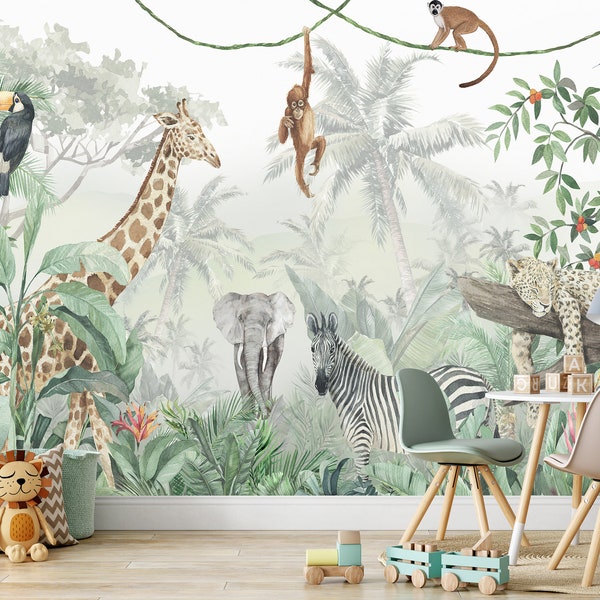 Safari Animals Wallpaper Jungle Theme Wallpaper Peel and Stick Removable Giraffe Monkey Watercolor Kids Wall Mural Nursery Tapete Baby Art