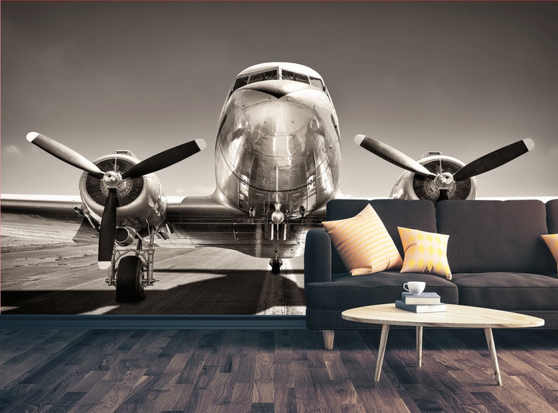 Airplane wallpaper, Self Adhesive Peel and Stick Airplane on a Runway Wallpaper Removable Vinyl Wall Mural Entryway Office Giant Wall Decor image 2