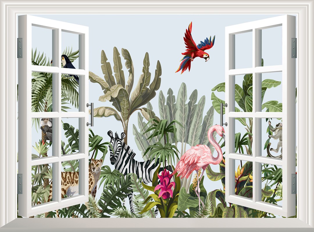Jungle Animals Wall Sticker 3D Window Effect Wall Decal Removable Vinyl ...