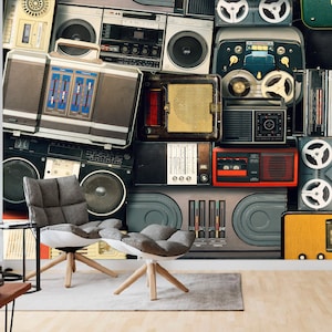 Mural de papel tapiz retro con radiocasete: decoración para sala de música con adhesivos autoadhesivos