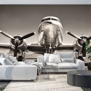 Airplane wallpaper, Self Adhesive Peel and Stick Airplane on a Runway Wallpaper Removable Vinyl Wall Mural Entryway Office Giant Wall Decor image 3