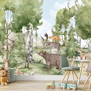 Forest Animals Wallpaper Mural: Scandinavian Nursery Decor, Peel and Stick