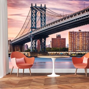 Manhattan Bridge Wallpaper, Manhattan Skyline Wandbild, Stadt Schälen und Stick, Abnehmbar, Wolkenkratzer, Nachtstadt Wandbild, Eingangsbereich Büro