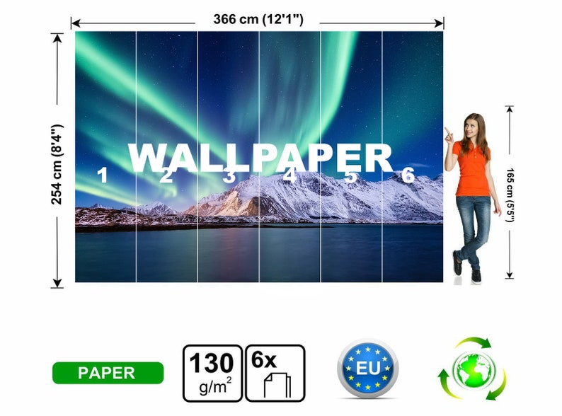 Mountains Wallpaper Northern light Wall Mural Removable Aurora Borealis Photo Wallpaper Removable Self Adhesive Peel and Stick Wall Decal