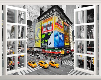 New York City Wall Sticker 3D Window Effect View Wall Decal Removable Vinyl Art Poster Mural Self Adhesive Times Square Decor Window Frame