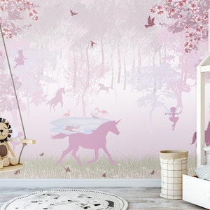 Pink Unicorn Forest Kids Wall Mural - Peel and Stick Wallpaper